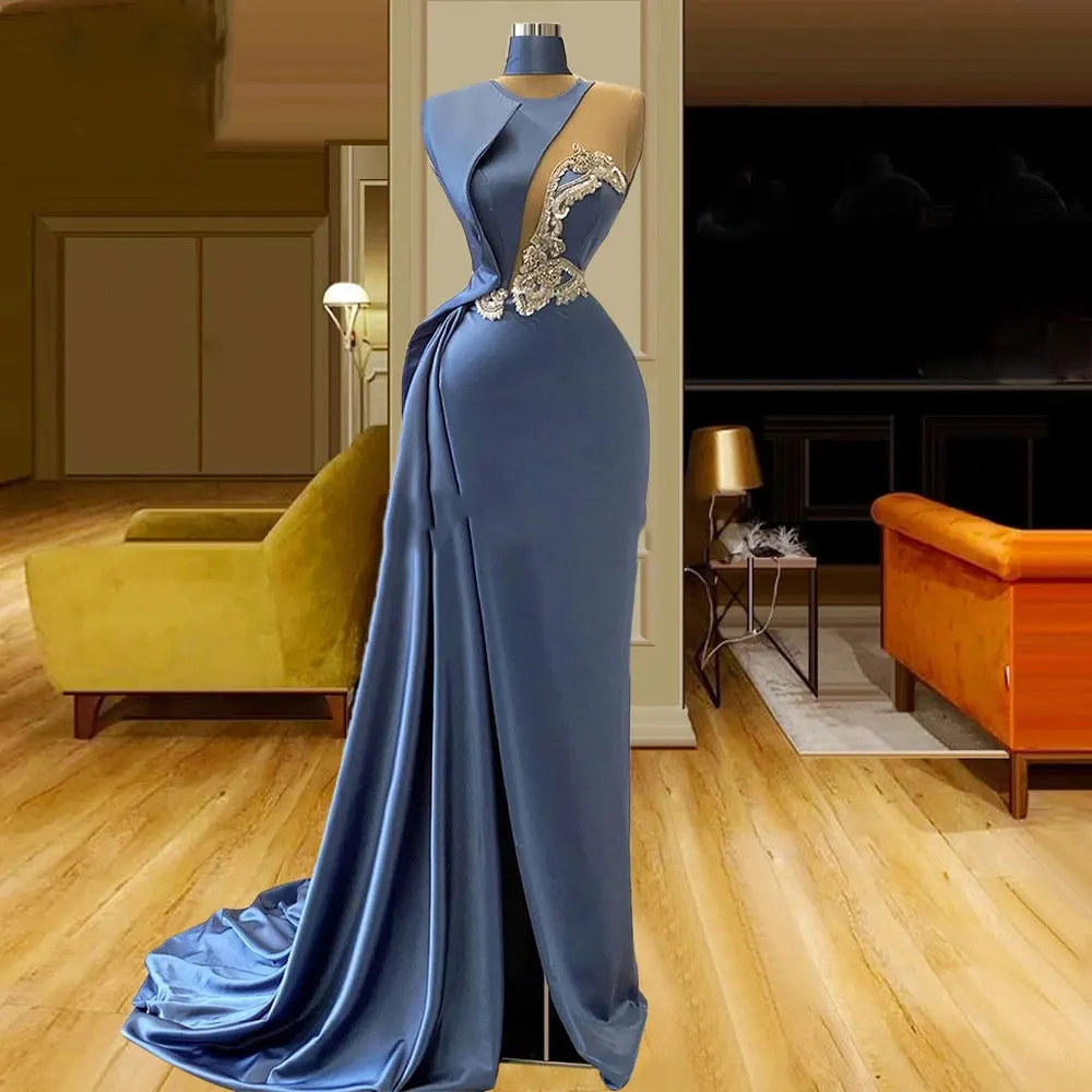 

2021 Blue Evening Dresses Mermaid / Trumpet Asymmetrical One-Shoulder Sweep/Brush Front/Side Slit Beading Sleeveless Fashion
