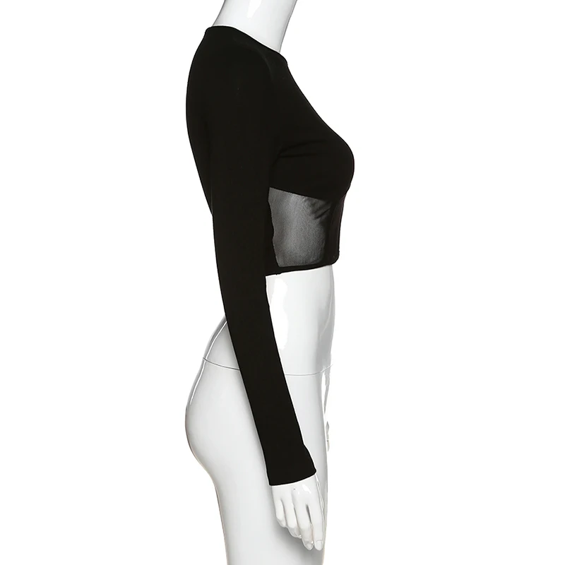 Женский топ с длинным рукавом Goth черный o-образным вырезом и сеточкой | Женская