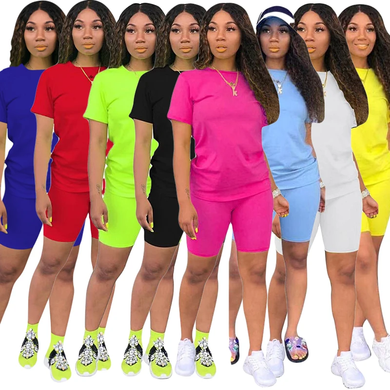 

2020 Summer Women Casual 2 Piece Set Shorts Suits Short Sleeve O-Neck Tee Top Workout Clothes Tracksuit Outfit Plus Size S-4XL