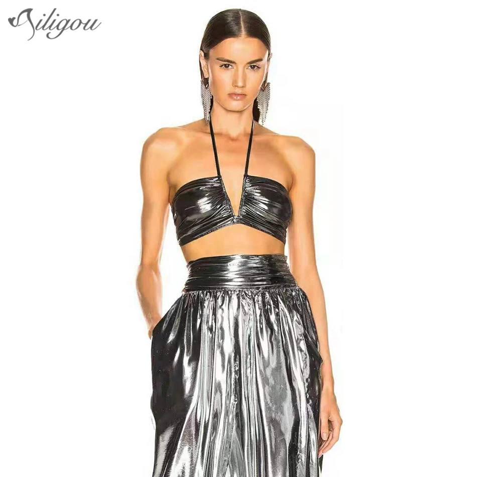 Модный сексуальный серебристый женский костюм Ailigou без бретелек плиссированный