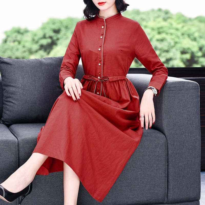 

COIGARSAM женское платье осень 2021 Новое короткое офисное женское винтажное Повседневное платье из хлопка и льна с рукавом три четверти и высоки...