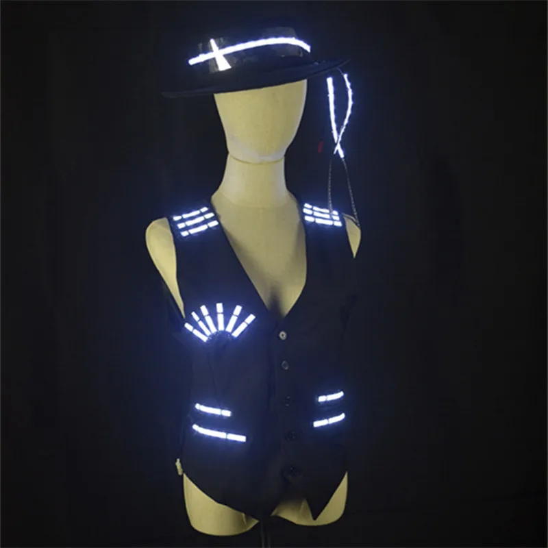 

P91 Ballroom dance led light costume robot men suit jazz luminous led vest stage performance lighted hat glowing clothe dj wears