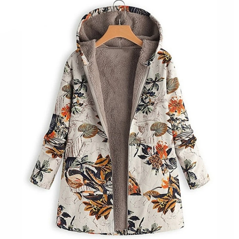 

Women's Fleece Jacket Coats 2019 Autumn Winter Female Hooded Coats Outerwear Warm Female Print Slim Fit Jackets For Femme