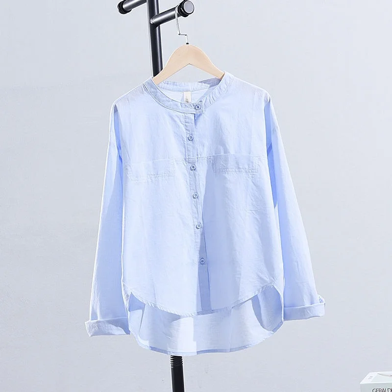 

100% Cotton Solid Women Shirts Summer New 2021 O-Neck Long-Sleeved Loose Casual All Match Female Outwear Tops