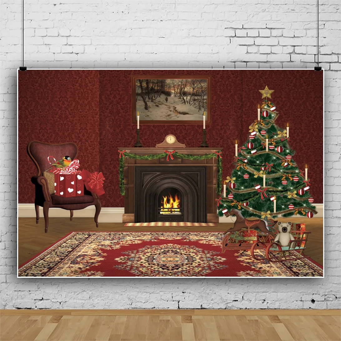 

Laeacco Merry Christmas Tree Fireplace Red Carpet Wall Interior Scene Decor Background Baby Portrait Photography Photo Backdrops