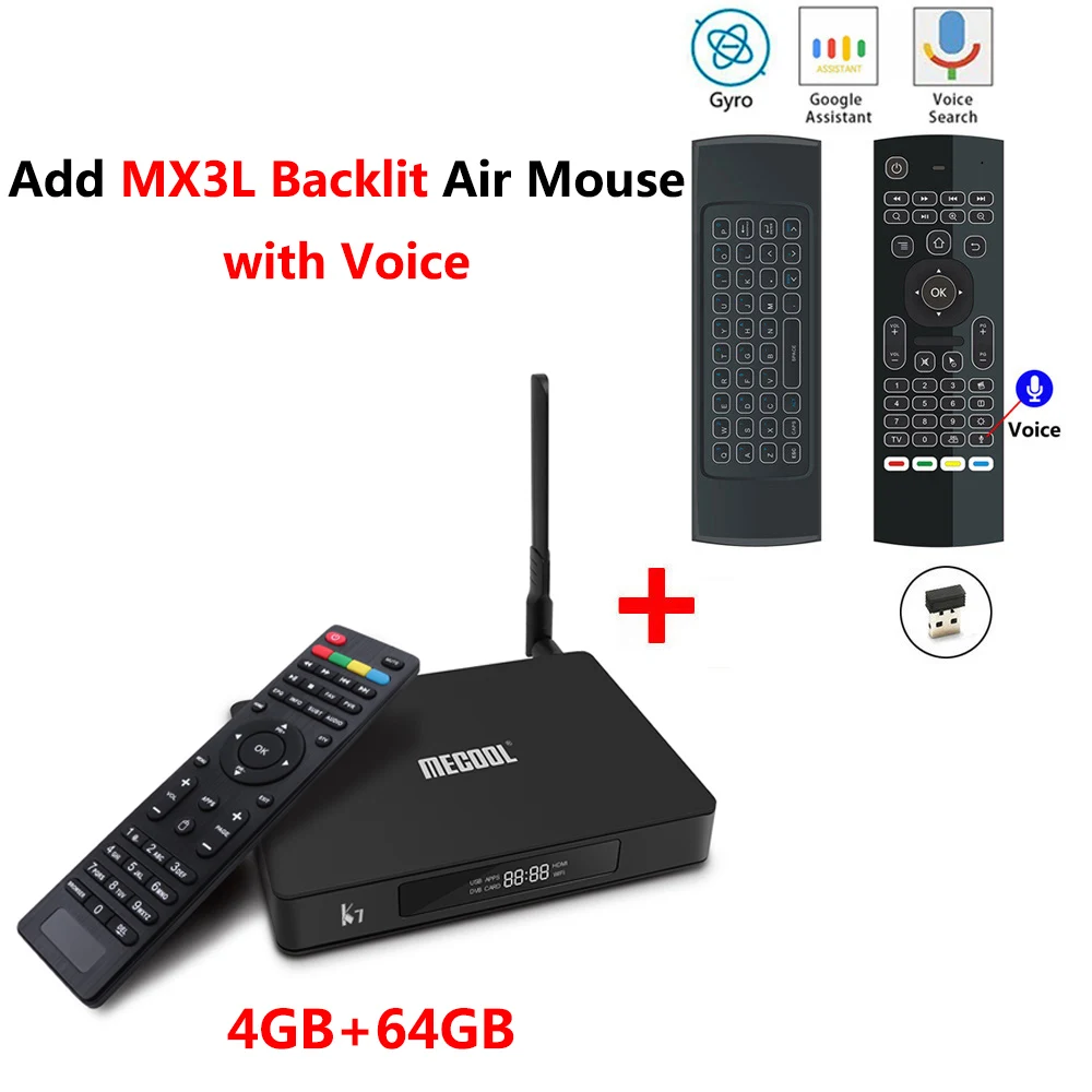 MECOOL K7 Smart Android 9,0 tv Box Amlogic S905X2 DVB-T2 DVB-S2 ТВ приемник 4 Гб DDR4 64 Гб rom 4K телеприставка DVB-C медиаплеер - Цвет: K7 add MX3L mic