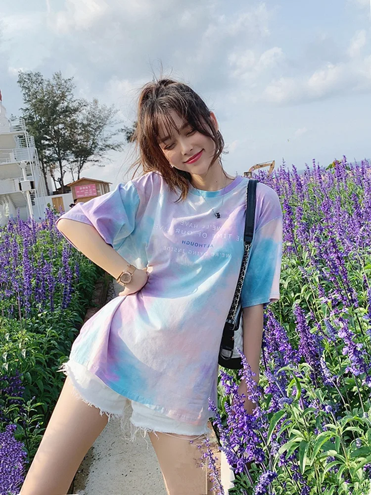 

Rainbow gradient student T-shirt female summer new Korean loose short sleeve tie-dyed camouflage casual shirt fashion