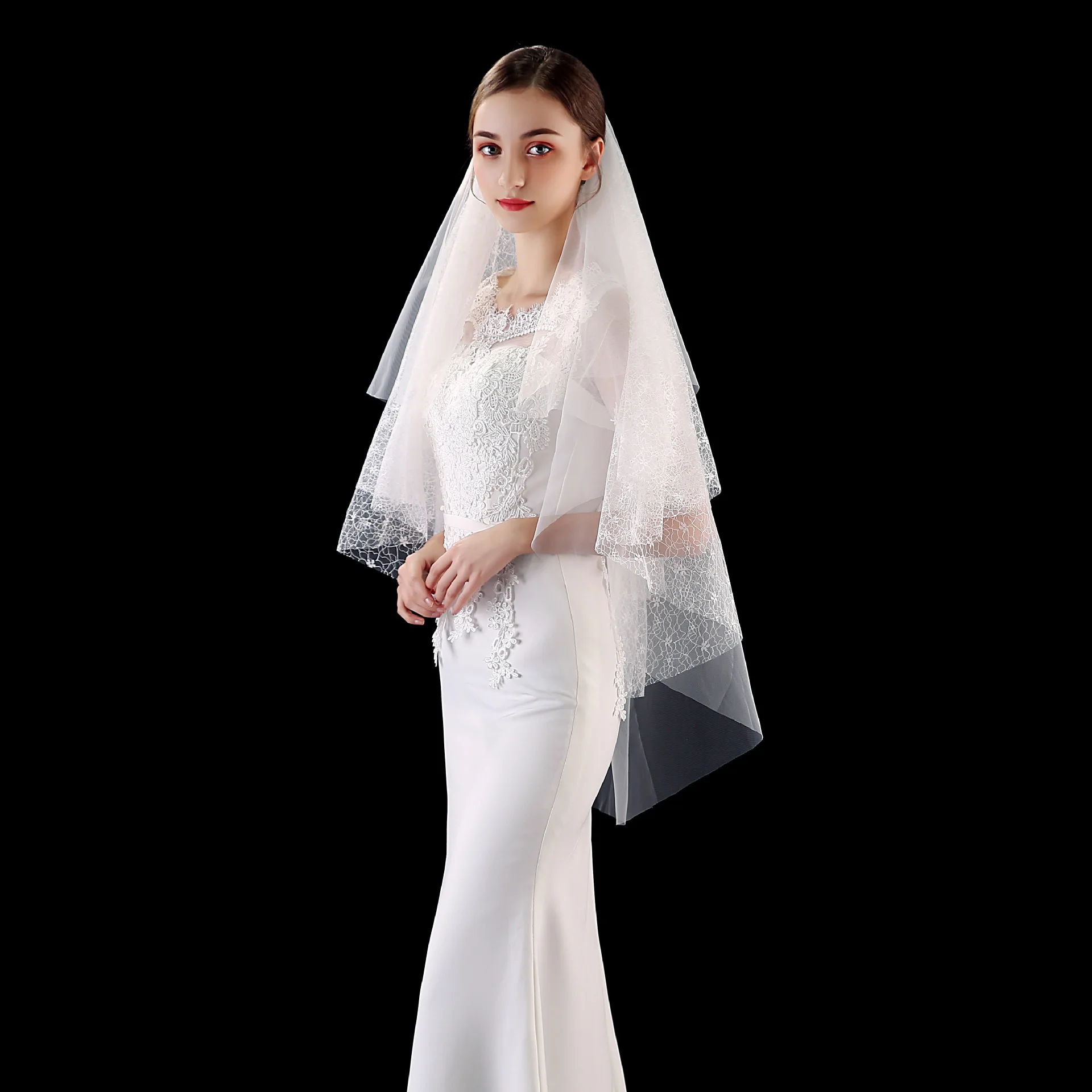 Beautiful 1Meters 4 Layer Flower Lace and tull Short Wedding Veil with Comb Bridal Accessories velos de novia | Свадьбы и торжества