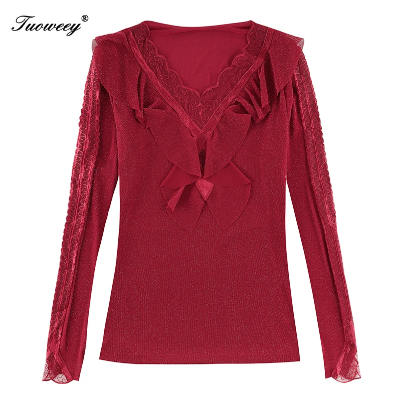 

Sexy V-neck long Sleeve Embroidery Lace Shirt Hollow Out Slim Wild Fashion patchwork Vest Women's Shirts 2020 Spring and Summer