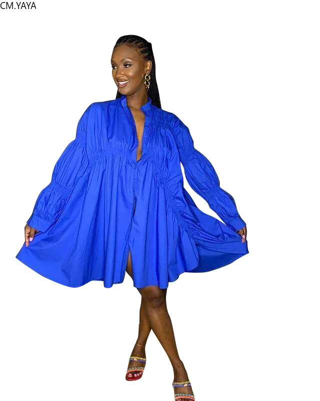 CM.YAYA Women Solid Loose Long Sleeve Blouse Dress | Женская одежда