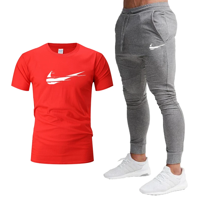 

Sports men jumpsuit T-shirt + pants cotton two-piece casual sportswear, suit for men and women top + printed pants, gymnast