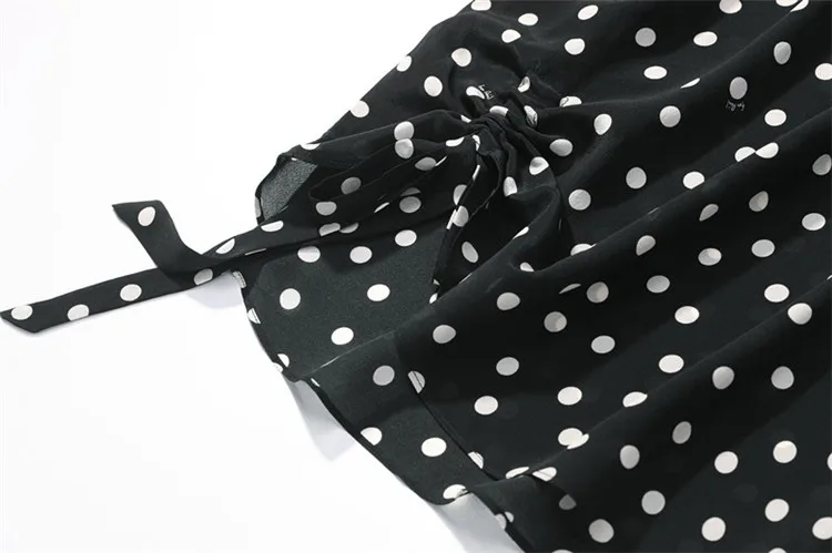 

Women's 100% Pure Silk Top Shirt Blouse Round Neck short sleeves tied bottom black dots one size JN203