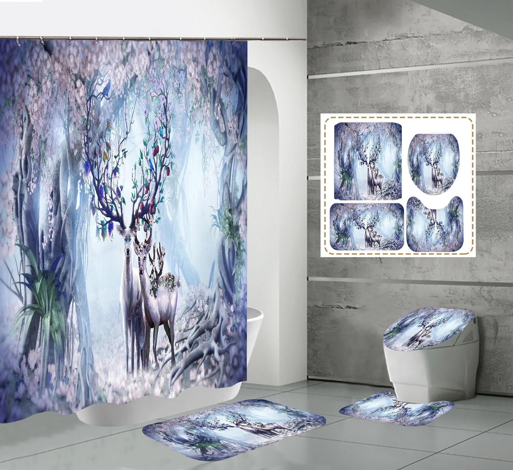 

Elk Floral Moose Deer Shower Curtain 3d Animal Bath Curtains Printing Waterproof Polyester Fabric With Hooks for Bathroom Decor