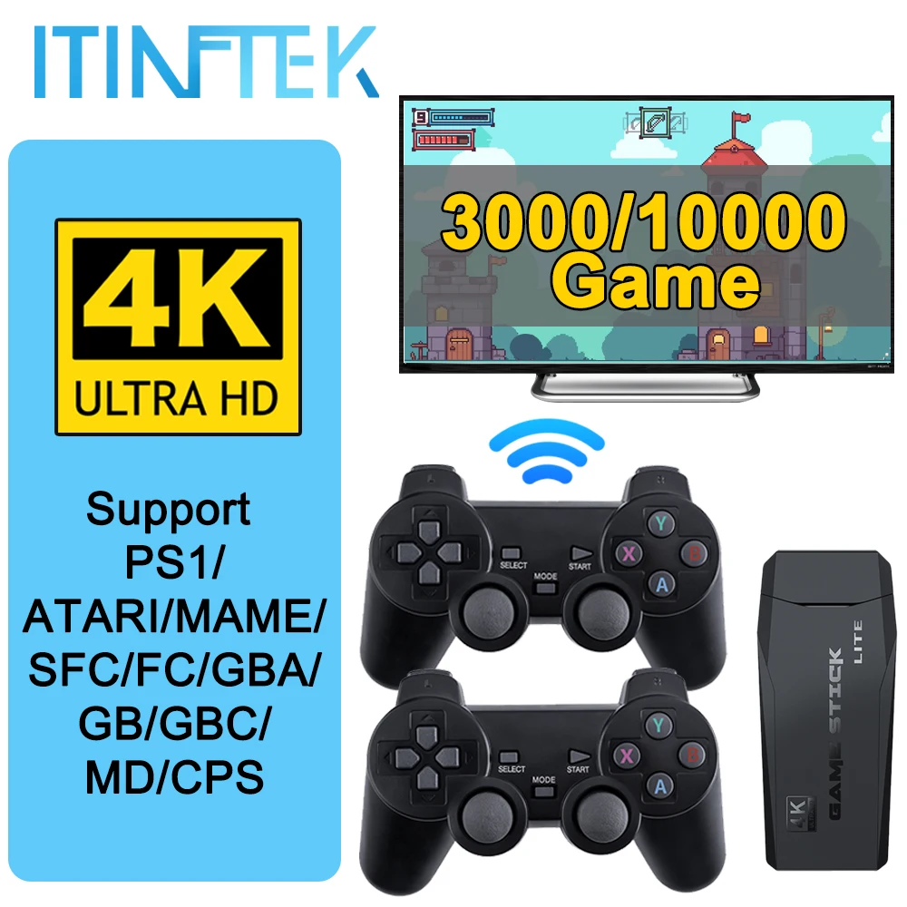 

ITINFTEK Wireless Video Game Console 4K HD Display on TV Projector Monitor Classic Retro Double Controller 64GB 10000 Games