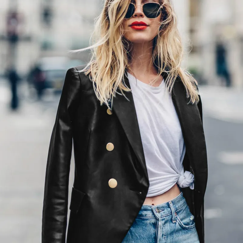 Женский блейзер Vadim однотонный из искусственной кожи Осень-зима 2019 | Женская