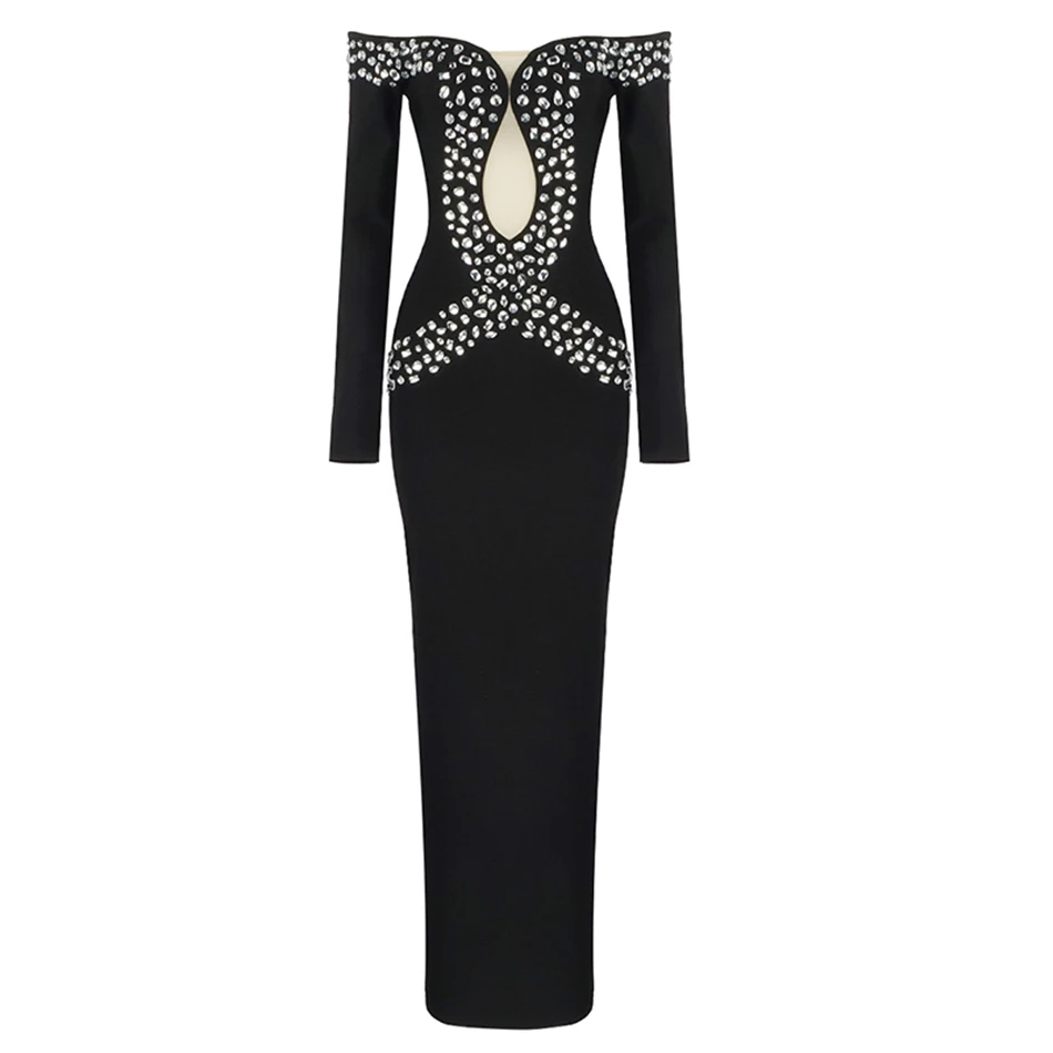 

2021 New Autumn Women'S Bandage Dress Tight Black Beaded Long-Sleeved Off-Shoulder Patchwork Long Sexy Party Dress Vestidos