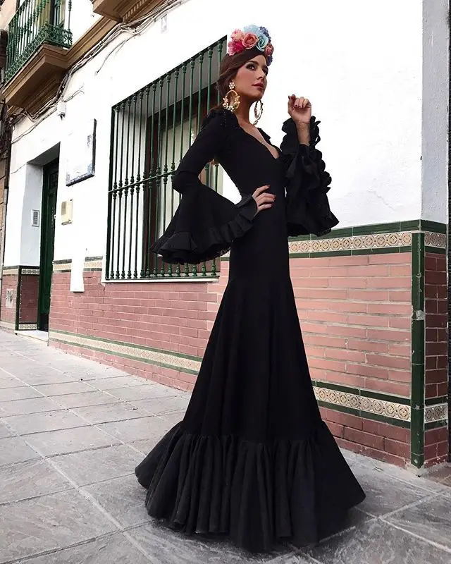 

2019 Autumn New European and American Women's AliExpress Popular Sexy V-neck Long-Sleeved Dress