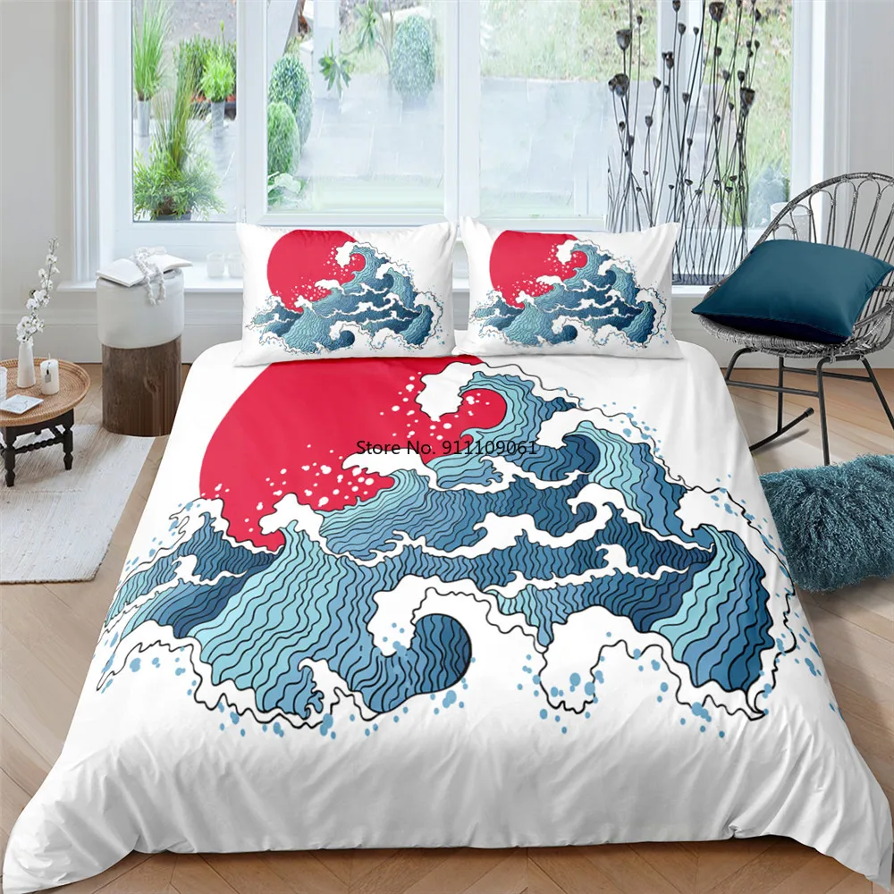 Японский роскошный комплект постельного белья с морским волнистым пейзажем