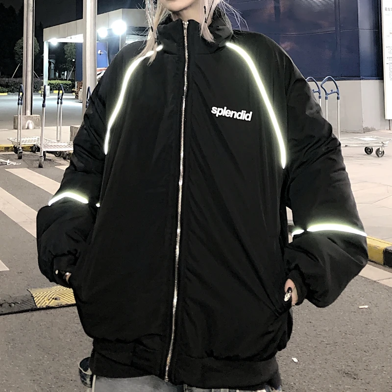 

Осенне-зимняя Корейская Ретро стеганая хлопковая куртка Светоотражающая уличная куртка для влюбленных Толстая свободная ветровка женская...
