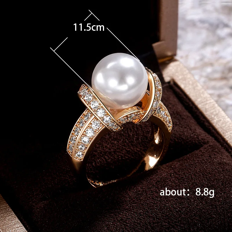 

2021 New Luxury Gold Color Halo Simulated Pearl Engagement Ring for Women Anniversary Gift Jewelry Wholesale R6202