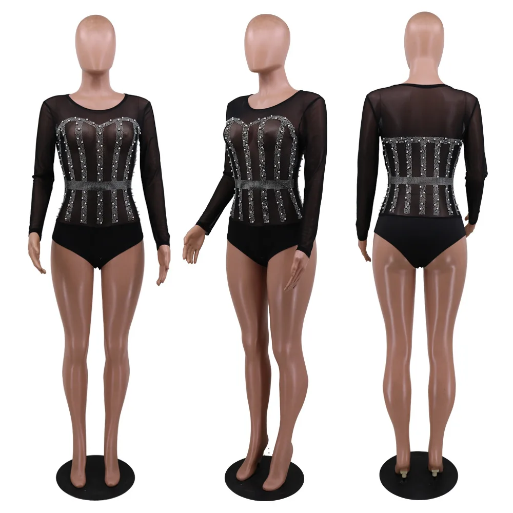 

European new sexy solid color night club Jumpsuit fashion slim fit o-neck long sleeve women's top and shorts