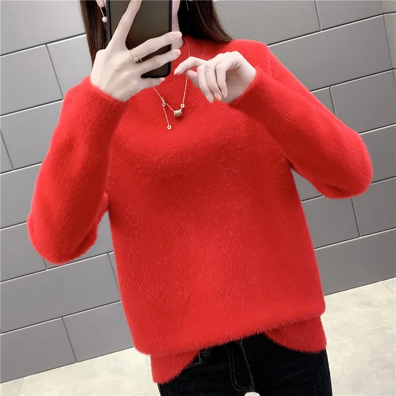 

Sweater Women's 2020 New Style for Autumn and Winter Loose Mink Velvet Half-Collar Base Shirt Thick Women's Knitted Sweater