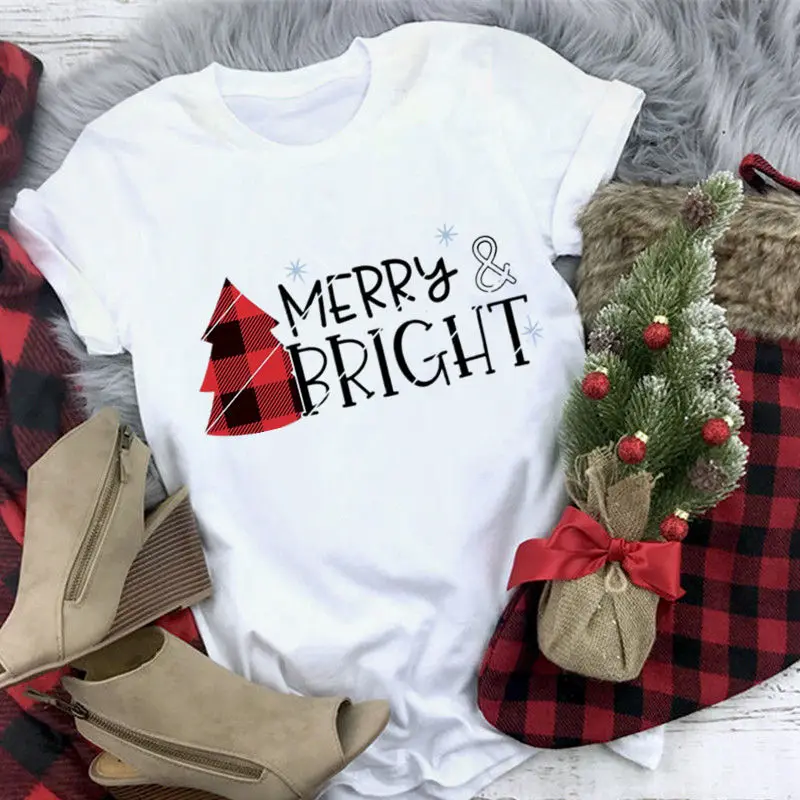 

MERRY & BRIGHT women plaid tree print christmas tshirt women white clothes vogue short sleeve female casual T Shirt tops 2019