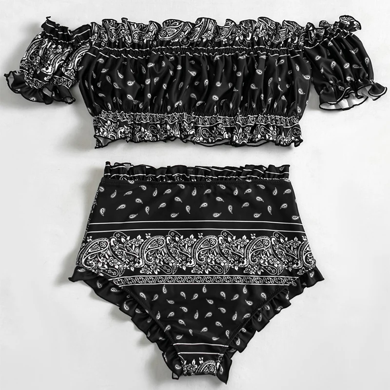 

Smocked Short Sleeve Women's Bikini 20210Two Piece Push Up Padded Bandeau Swimwear High Waisted Biquini Swimsuit Beach Wear