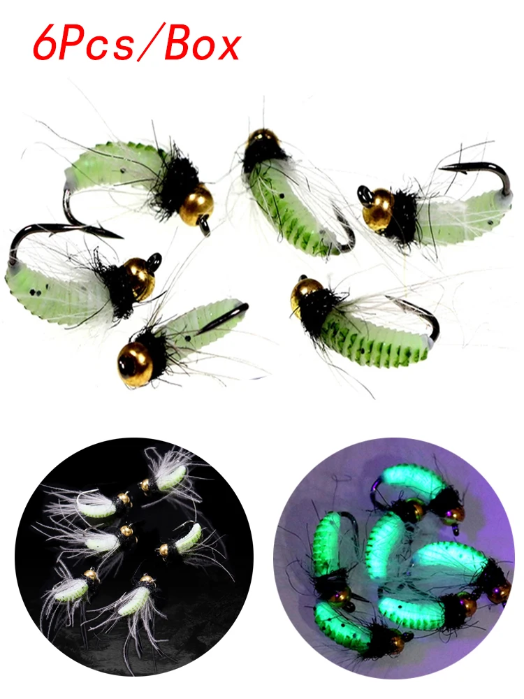 

6Pcs/Box Insects Flies Fly Fishing Lures CDC Feather Hackle Nymph Scud Fly UV Brass Beadhead Wet Bug Worm Fishing Sinking Bait