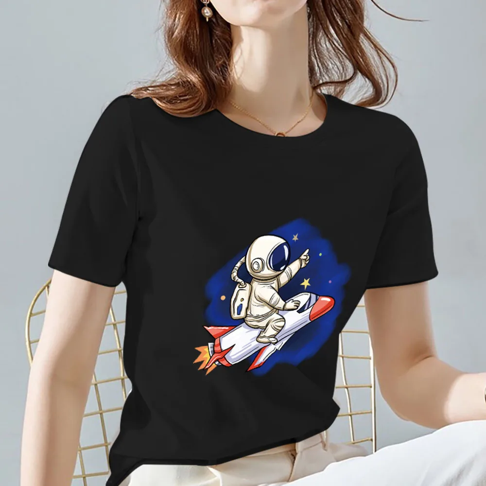 

Women's Clothing New T-shirt Commuter Casual Cartoon Slim Astronaut Pattern Printing Series Round Neck Basic Ladies Black Top