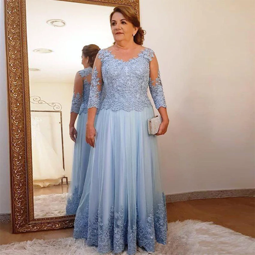 

Plus Size Light Blue Mother of the Bride Dress for Wedding Party Lace Tulle 3/4 Long Sleeve Ladies Formal Evening Party Gowns