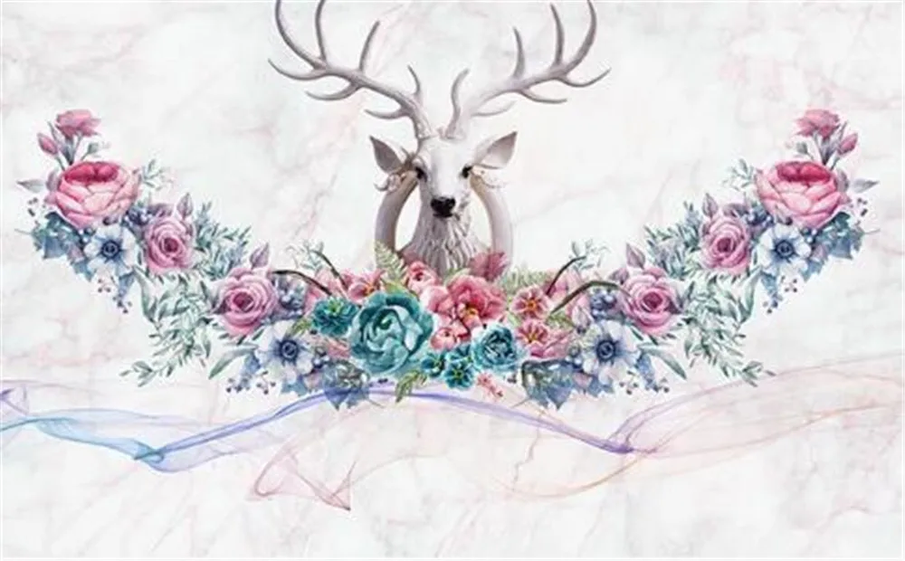 

milofi custom wallpaper mural 3d Nordic hand-painted flowers stereo elk TV background wall