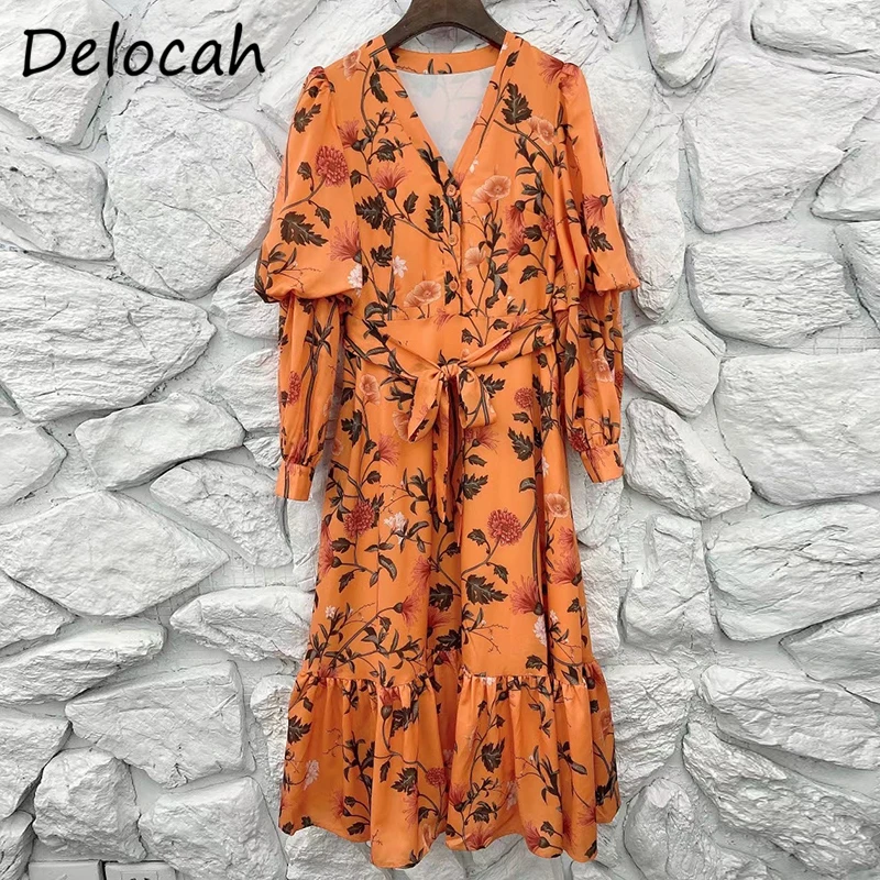 

Delocah Новинка 2021 лето женские модные дизайнерские вечерние платья Русалочки с бантом и поясом пышные рукава цветочный принт оборки дамы миди...