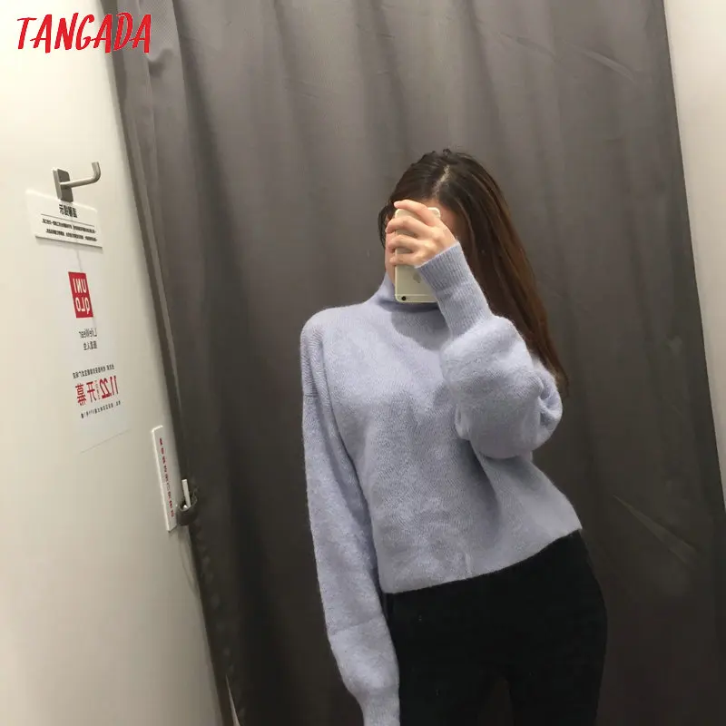 Tangada женские синие негабаритных укороченных джемперы с воротником толстые теплые зимний свитер с длинным рукавом вязаная одежда 3H224