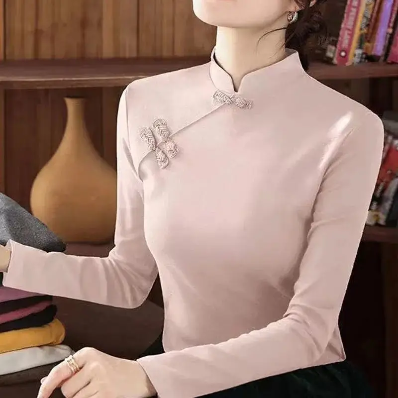 Cheongsam-Tops de cuello alto para mujer, camisas de manga larga de estilo chino, mezcla de algodón de Color puro, invierno, 2023