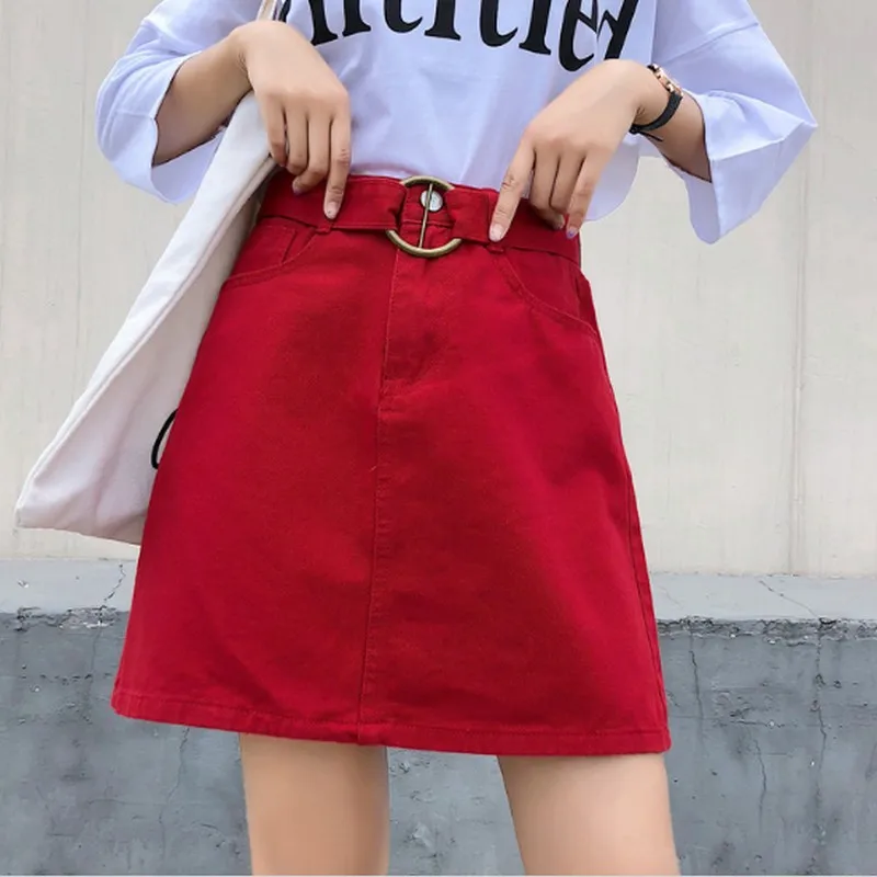 Черный Красный Юбка цвета хаки Повседневная Harajuku джинсовые юбки Jupe Mujer в духе