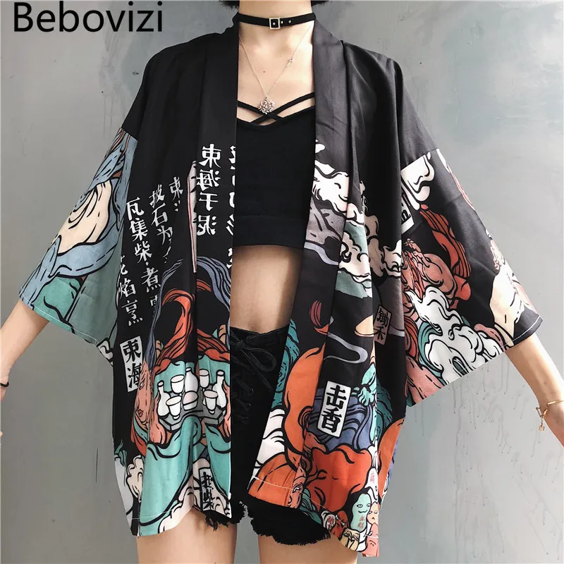 

Bebovizi Japanese Style Black Kimono Yukata Men Women Cardigan Haori Obi Summer Cosplay Shirt Blouse Robe Female Asian Clothing