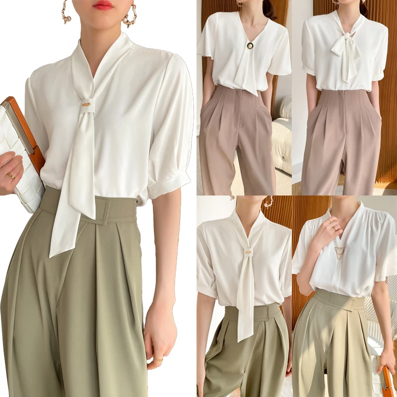 

Блузка женская однотонная с бантом, элегантная повседневная офисная белая рубашка с коротким рукавом, Свободный Топ, лето 2021