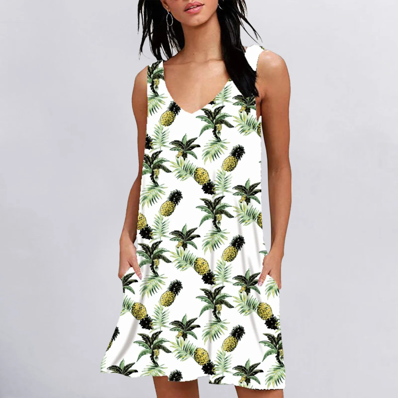 

Dresses For women Beach Holiday Dress Women Beach Floral V Neck Sundress Sleeveless Casual Loose Tank Dress roupas femininas