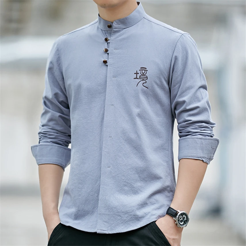 

Retro Chinese Man Shirt Casual 100% Cotton Traditional Tops 2020 Male Mandarin Collar Solid Kung Fu Clothes Tunic Tang Suit