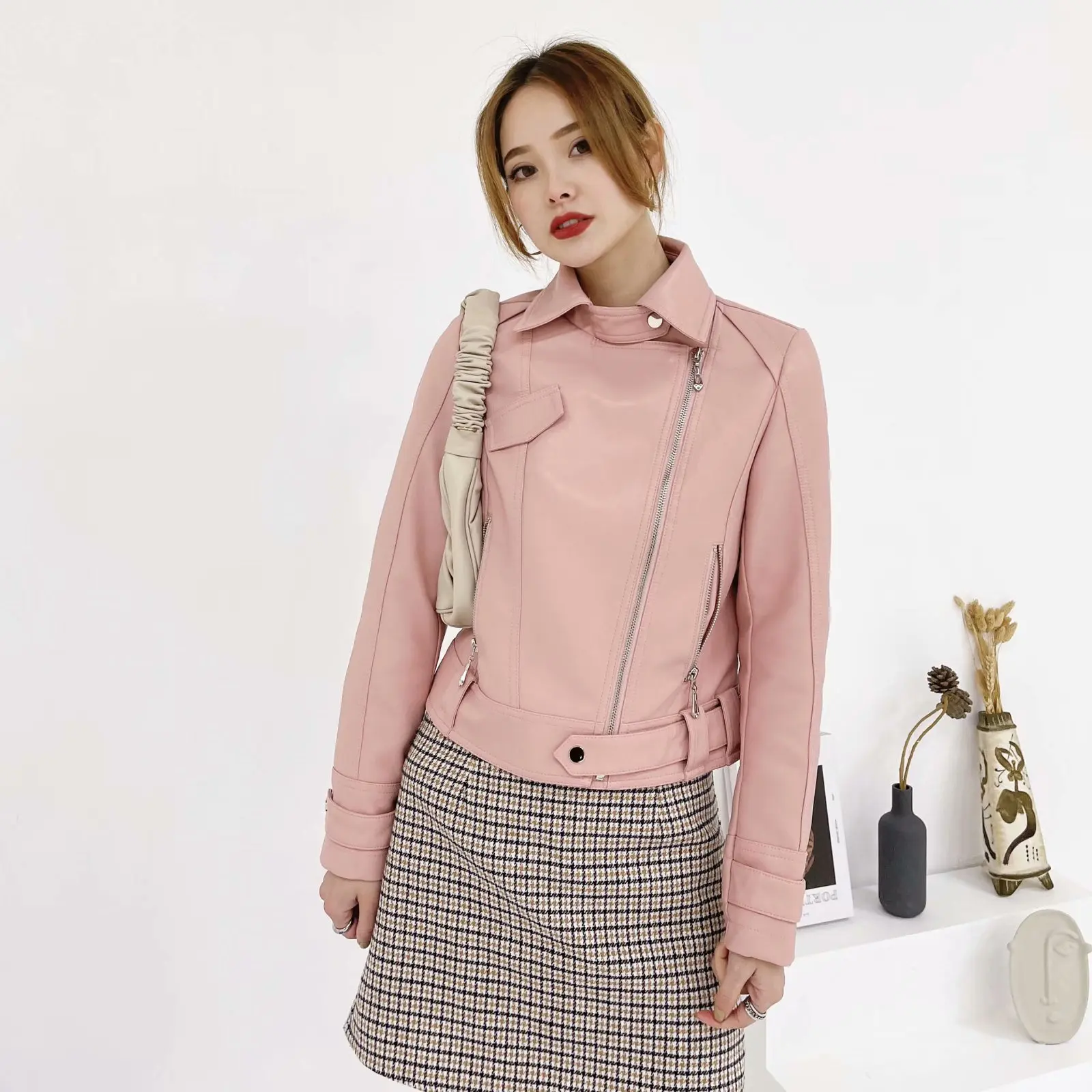 

Pop Arrival brand Winter Autumn Green Motorcycle leather jackets Pink leather jacket women leather coat slim PU jacket Leather