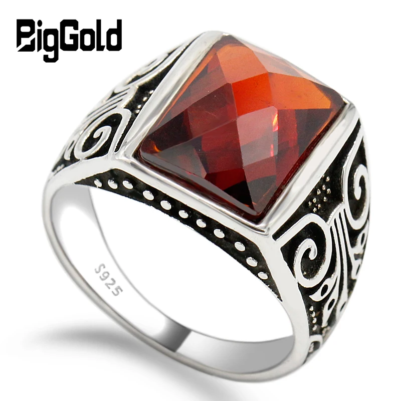 Мужское кольцо из стерлингового серебра 925 пробы с красным кубическим цирконием