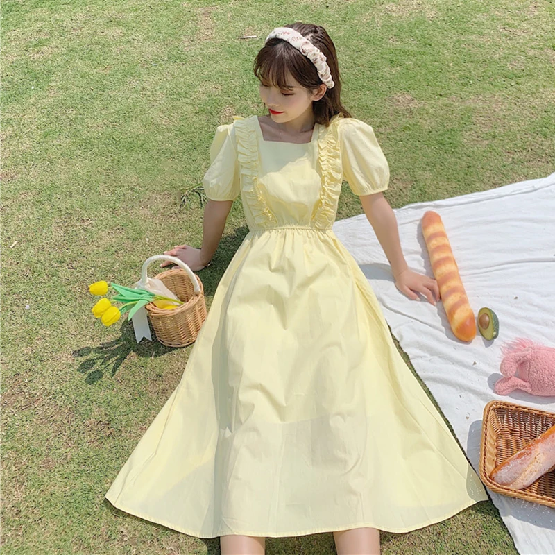 

Women's Summer Korean Square Collar Sweet Pleated Ruffles Stitching High Waist Slimming Puff Sleeve Dress sweet lolita dress