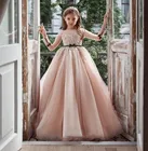 Прозрачное ТРАПЕЦИЕВИДНОЕ ПЛАТЬЕ с длинными рукавами и поясом, платье принцессы с цветочным рисунком для свадебной вечеринки, детское платье для первого причастия, Пышное Платье
