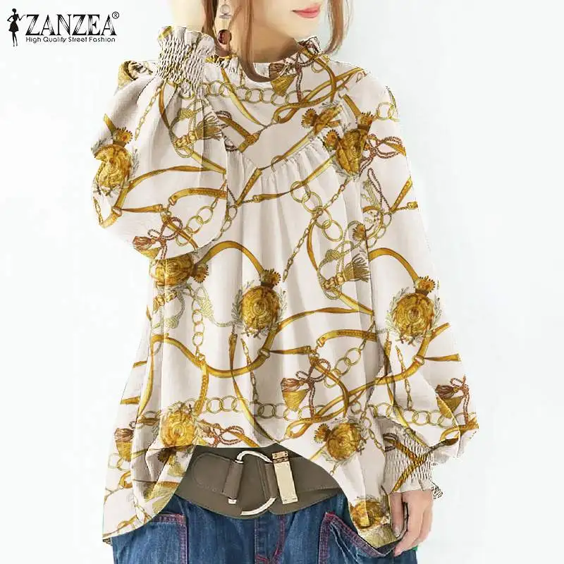 

ZANZEA Весенняя женская блузка с принтом шарфа осенние богемные Топы с длинным рукавом элегантные блузы офисная Рабочая Рубашка Большие разме...