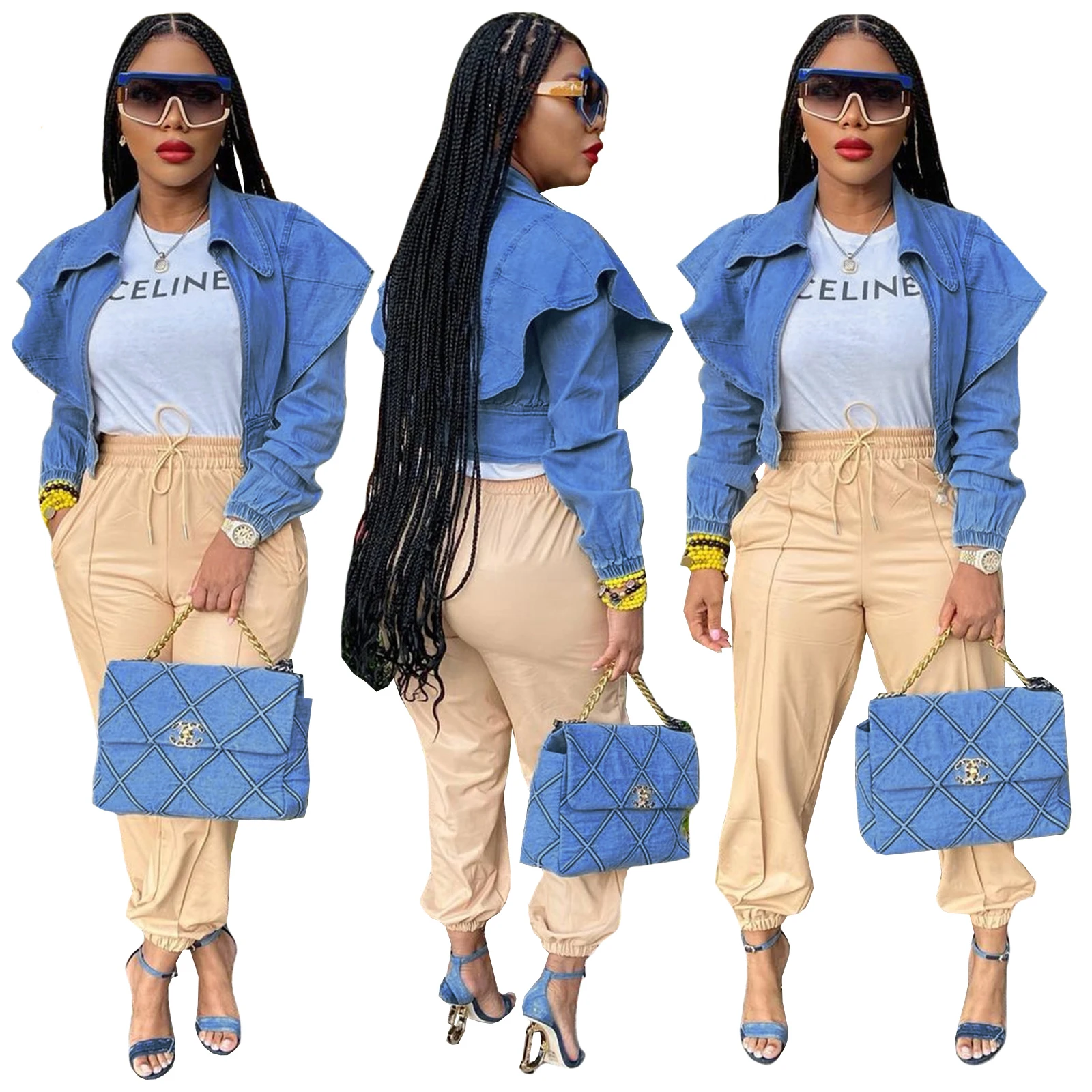 

Повседневная однотонная джинсовая куртка с отворотом и рукавами-бабочками