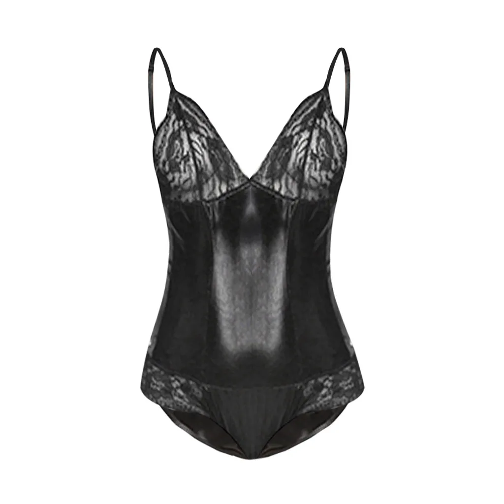 Black Новые черные женские боди, белье размера плюс XXXXL, кружевное кожаное сексуальное сиамское сексуальное нижнее белье, белье для сна, бесшовное нижнее белье из латекса - Цвет: Black