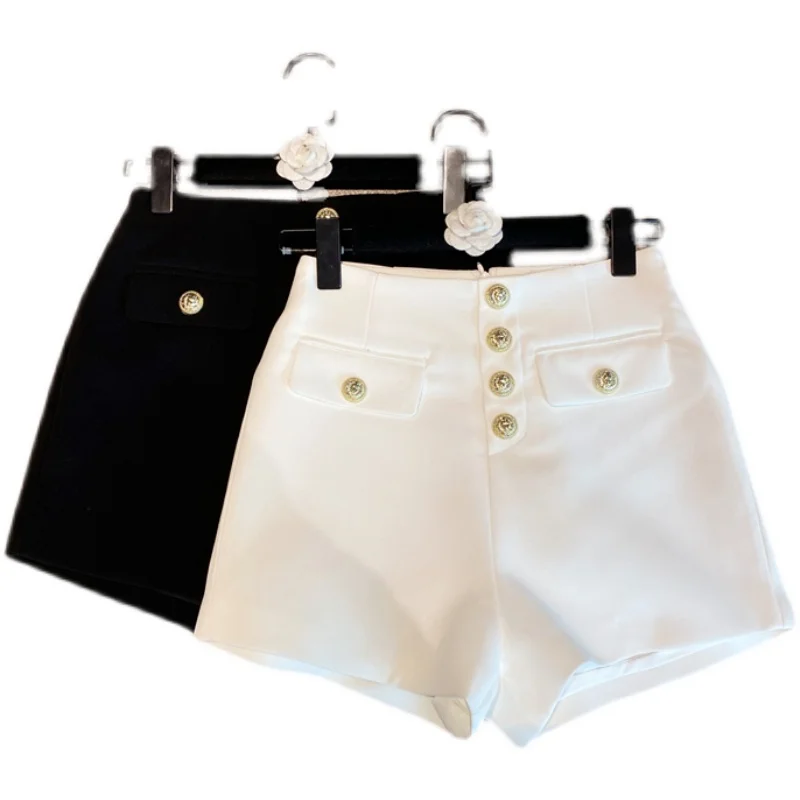 

2021 Spring New Simple Western Style Versatile Hot Pants High Waist Slimming Brass Buckle A- Line Suit Shorts for Women