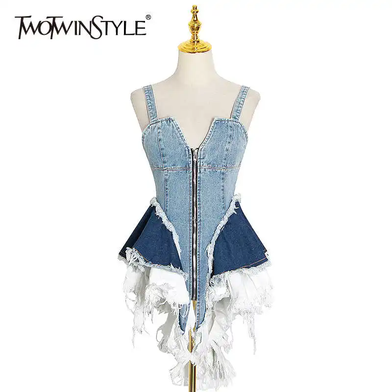 

Twotwinstyle sexy retalhos denim feminino topos gola quadrada sem mangas cinta de espaguete malha babados hit coletes cor