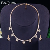 beaqueen delicate 585 gold butterfly hanging drop earrings choker necklace cubic zirconia charms jewelry sets for women js262